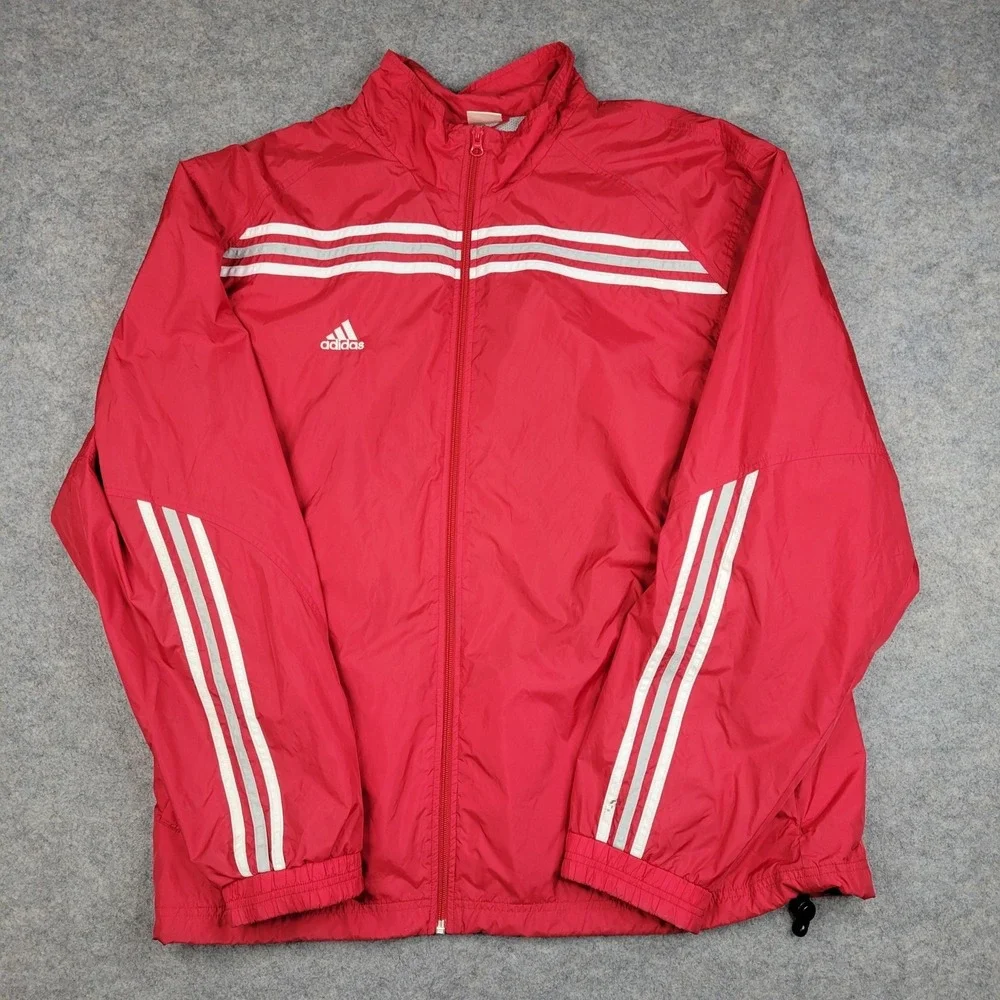Vintage Adidas Jacket Mens Large Red Full Zip Track 3 Stripes‎ Windbreaker 2000s
